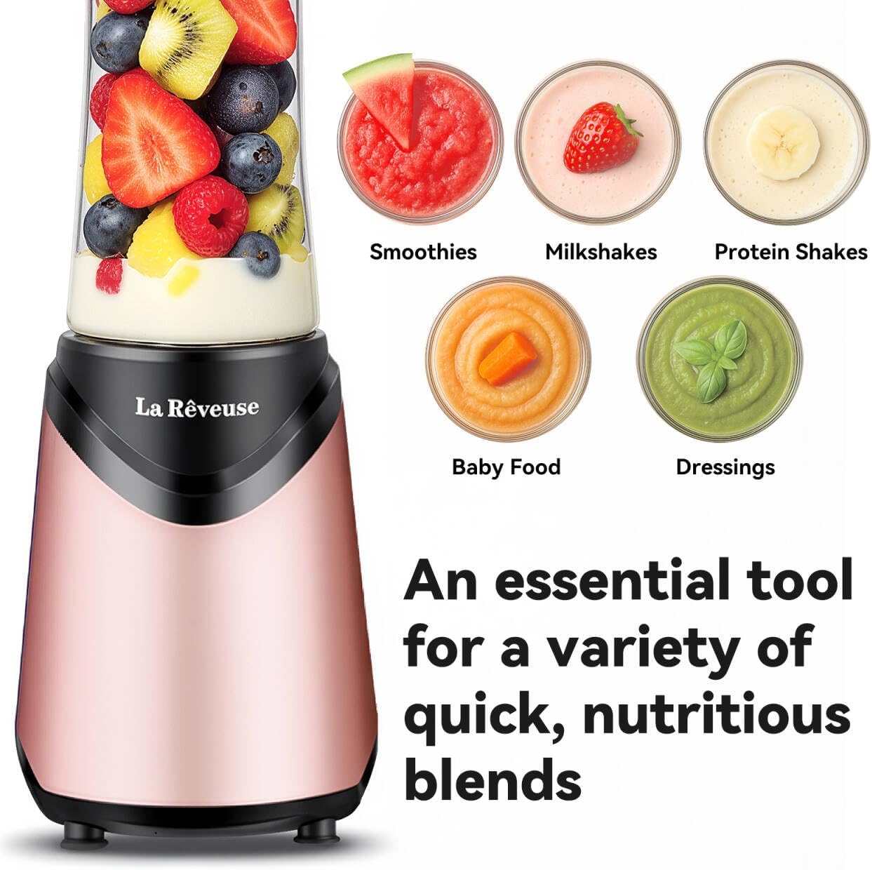 La Reveuse Smoothies Blender Personal Size 300 Watts with 18 oz BPA-Free Portable Travel Sports Bottle (Pink)