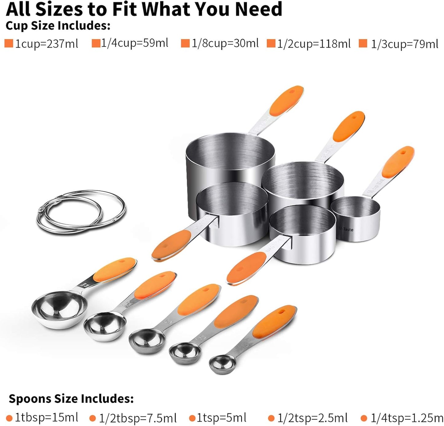 Measuring Cups : U-Taste 18/8 Stainless Steel Measuring Cups and Spoons Set of 10 Piece, Upgraded Thickness Handle(Orange)