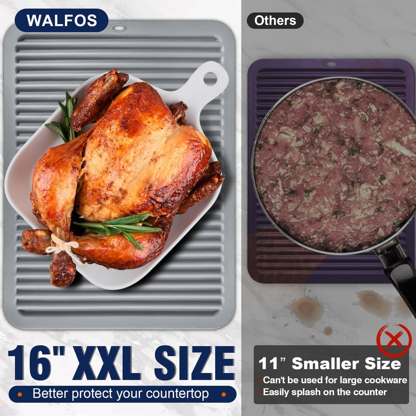 Walfos Large Silicone Trivet 16x12 Inch, Hot Pads for Kitchen, Heat Resistant Pot Holders Trivets for Hot Dishes, Hot Pots and Pans, Quartz Countertops, Gray