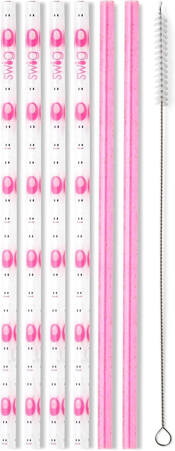 Swig Life Reusable Straws Faboolous + Pink Glitter Tall Straw Set & Cleaning Brush, Each Straw is 10.25 inch Long (Fits Swig Life 20oz Tumblers, 22oz, and 32oz Tumblers)