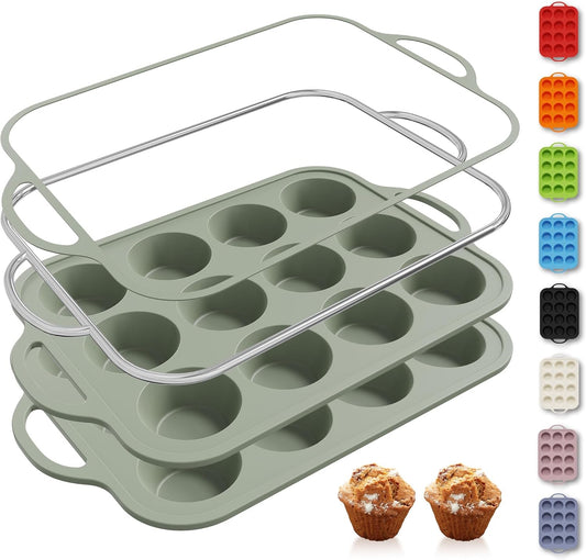 2 Packs 12 Cups Silicone Muffin Pan with Metal Reinforced Frame Regular Size Cupcake Pan Tray Egg Bites Silicone Circle Cookie Molds Muffin Tin Tart Pans Baking Sheet Set for Breakfast Sandwiches