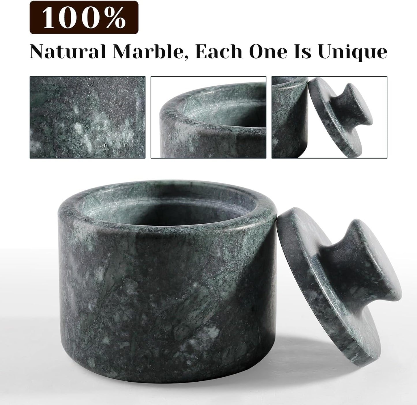 Koville Indian Green Marble Salt Cellar with Lid 3.5", Stone Pepper Container & Spice Jars for Kitchen, Marble Salt and Pepper Holder, Stone Storage Box for Kitchen Counter, Spice Jar