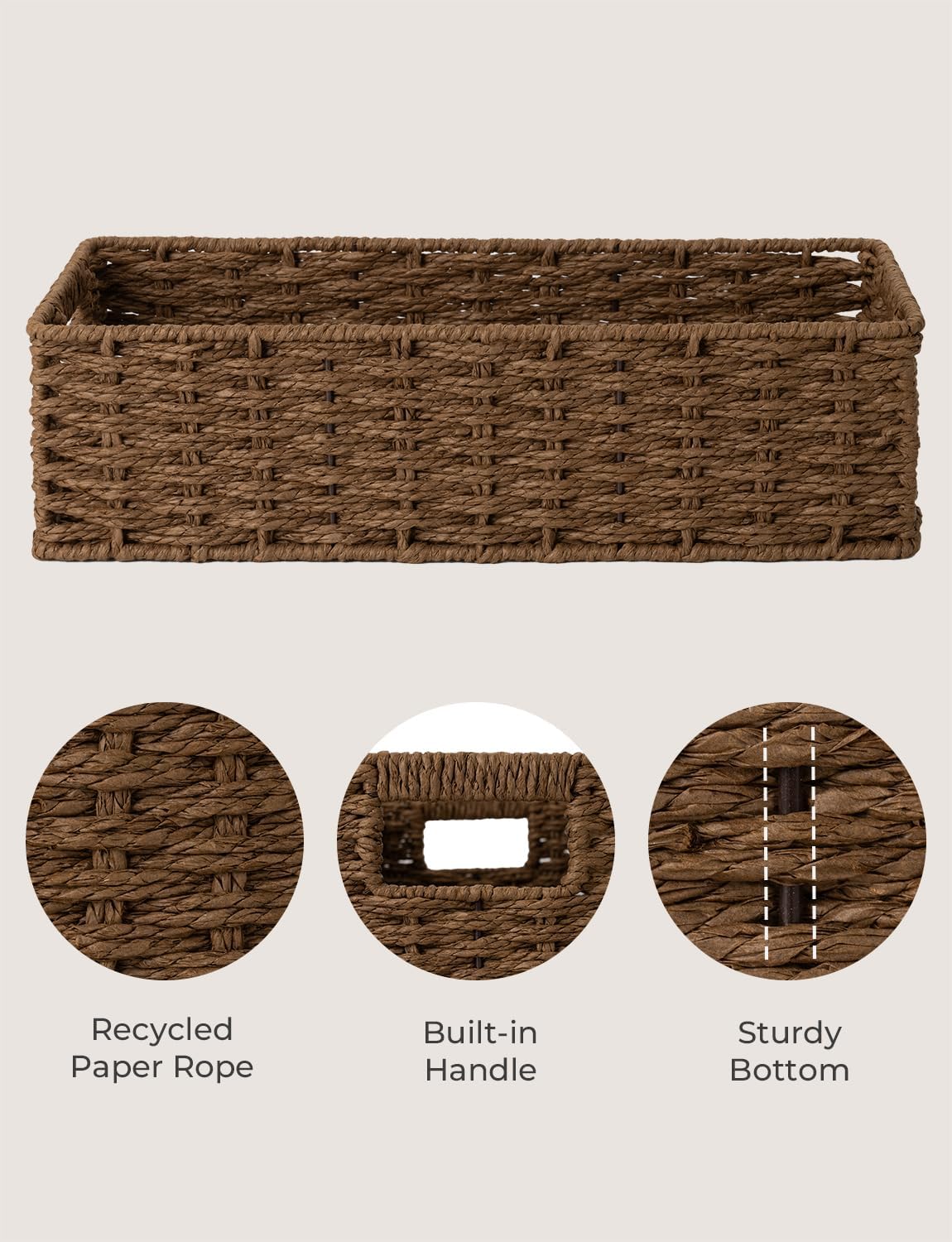 StorageWorks Toilet Tank Tray, Brown Round Paper Rope Bathroom Baskets for Organizing, Toilet Tank Basket, Toilets Organizer with Built-in Handles, 14 ¼"L x 6 ¾"W x 3 ¾"H, 1 Pack