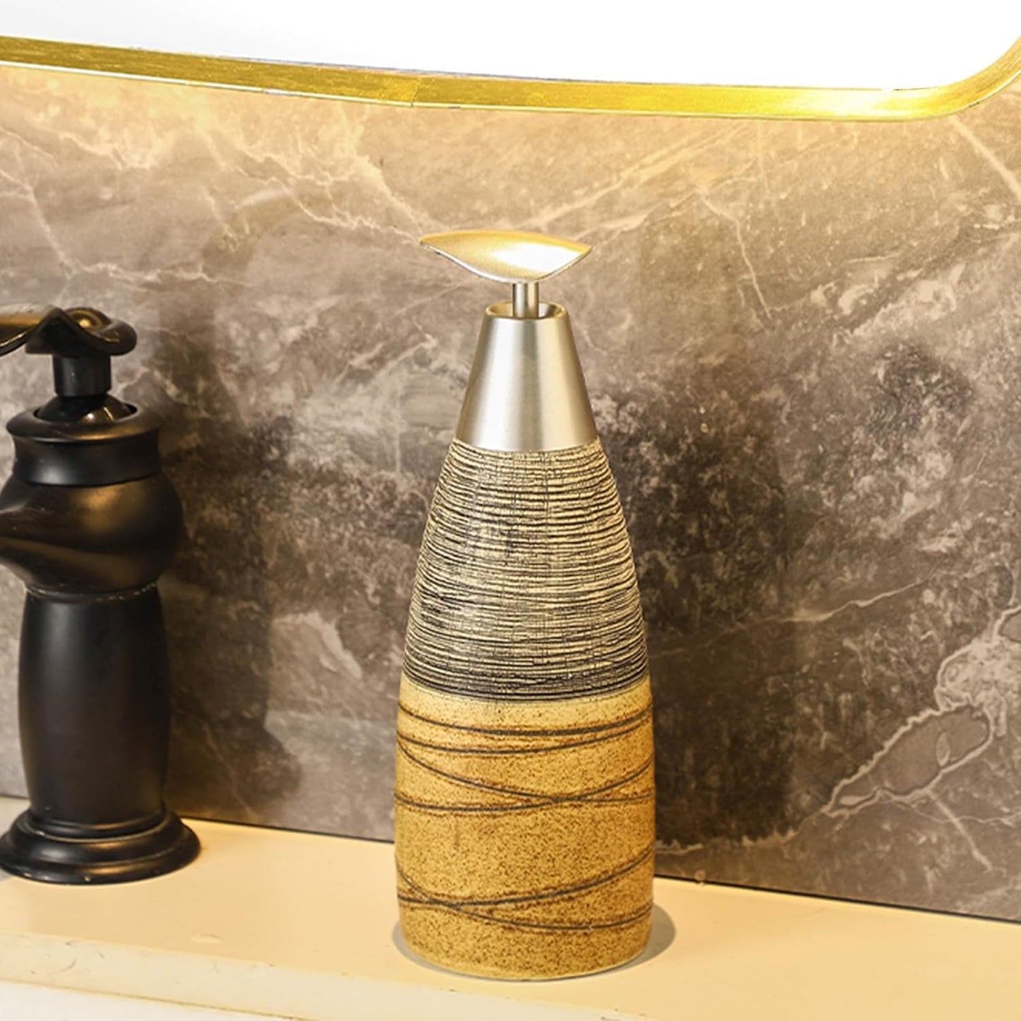 Ceramic Soap Dispenser with Plastic Pump – 12oz Refillable Liquid Dispenser for Bathroom, Kitchen, Office, Hotel, Airbnb, or Vacation Rental (Type A)