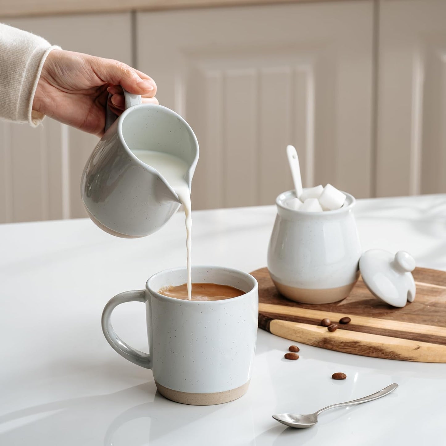 famiware Milkyway Ceramic Sugar and Creamer Set, 10oz Sugar Bowl & 13oz Creamer Set – Stoneware Milk Pitcher & Sugar Dispenser for Coffee Bar, Kitchen, or Countertop, Coffee Serving Set, Light Gray