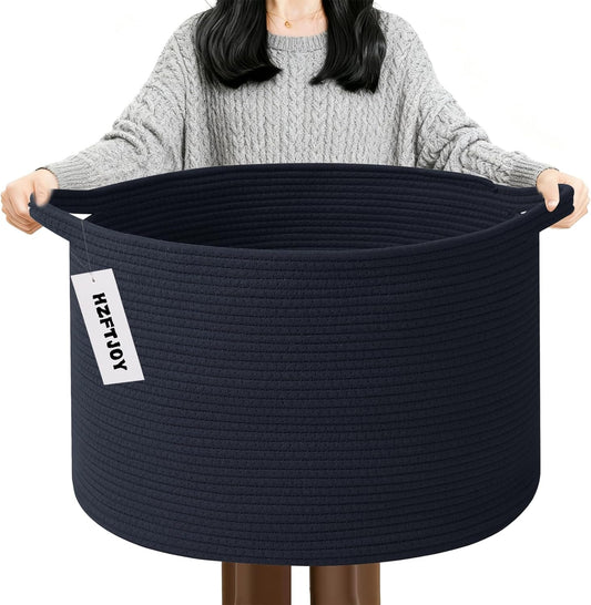 Large Blanket Basket for Organizing,115L Closet Organizers and Storage Bins Box for Shelves Woven Rope Storage Baskets,Living Room,Bedroom,Dorm,Laundry room (Navy)