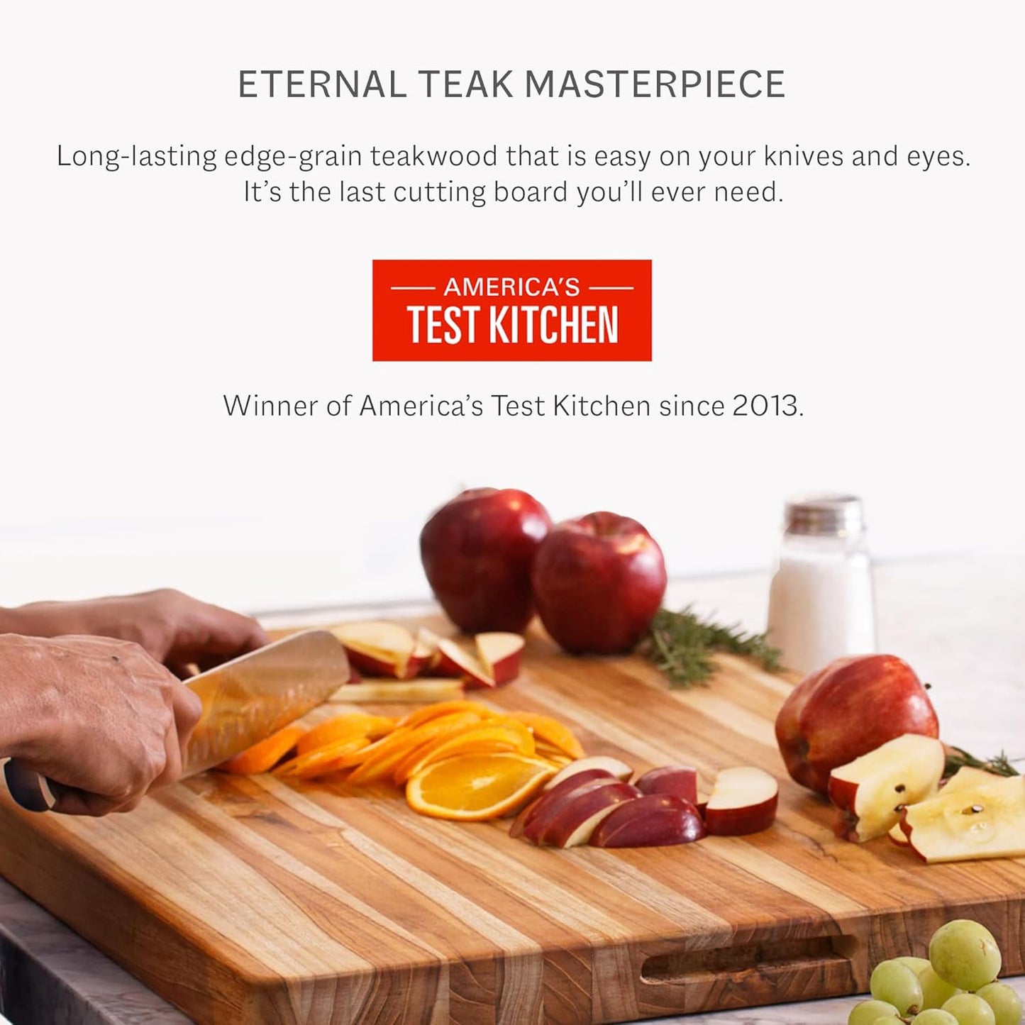 Teakhaus Cutting Board - Small (S) Wood Cutting Board with Juice Groove and Grip Handles - 16”L x 12”W - Thin, Lightweight, Reversible Teak Edge Grain Wood - Knife Friendly - FSC Certified