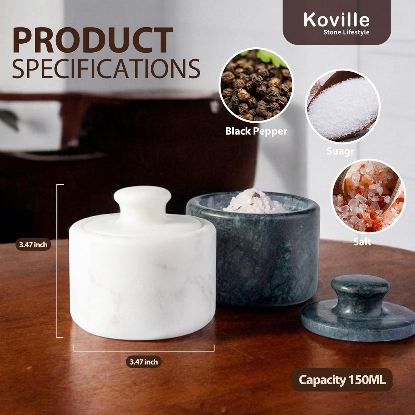Koville Marble Salt Cellar White and Green Salt Holder with Lid for Kitchen Table Décor, Elegant Modern Handcrafted Seasoning Container for Countertop, Salt and Pepper Holder & Coffee Beans Storage