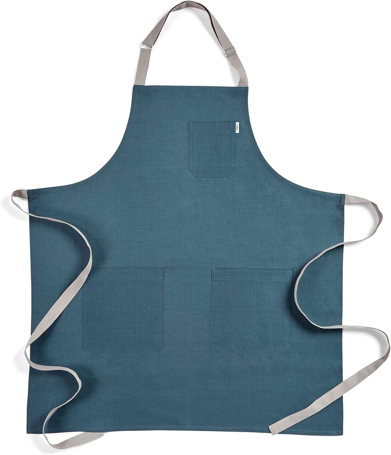 Solino Home Linen Kitchen Apron for Men & Women - Peacock Blue/Soft Grey Bib Apron with Front Pockets - Handcrafted from European Flax