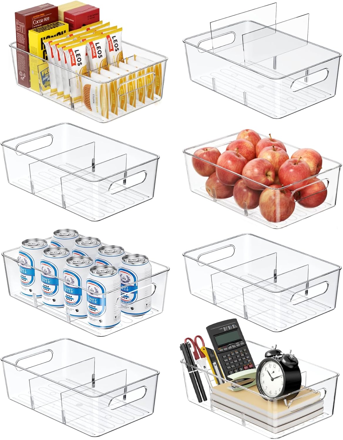 Pantry Organizers and Storage , 8 Pack Snack Organizer for Pantry Shelf,Food Storage Bins with Divider,Clear Containers for Organizing,Transparent Plastic Basket,Refrigerator and Fridge Bins