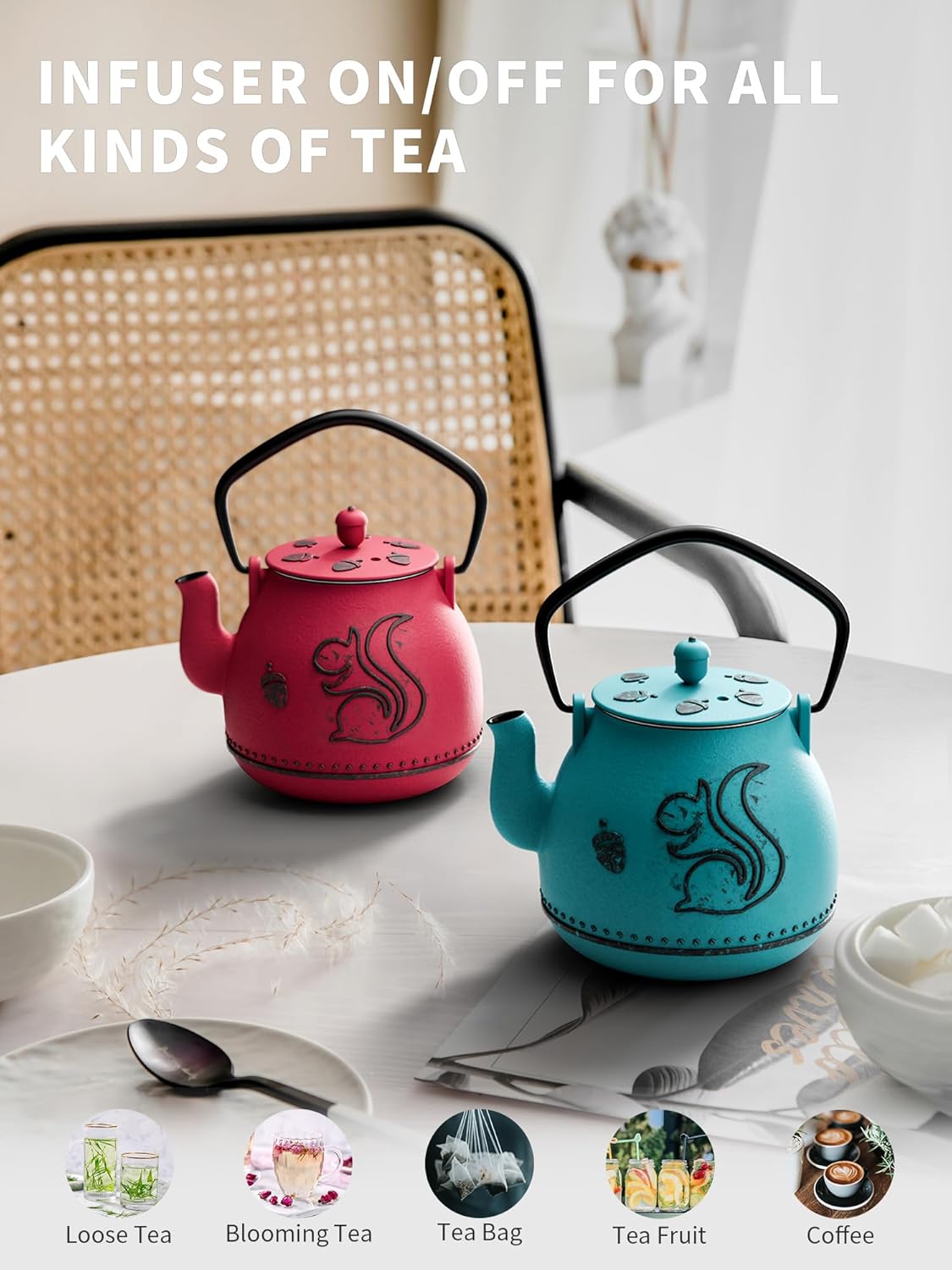 Toptier Teapot with Removable Infuser, Cast Iron Tea Kettle Stovetop Safe, Squirrel Design Tea Pot Coated with Enameled Interior for 32 Ounce (950 ml), Blue