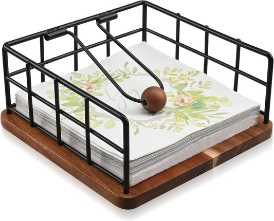 Flat Napkin Holder for Table, Acacia Napkins Holder with Weighted Arm, Rustic Metal Square Napkin Holder Organizer for Kitchen, Flat Napkin Dispenser for Countertop, Dining Room