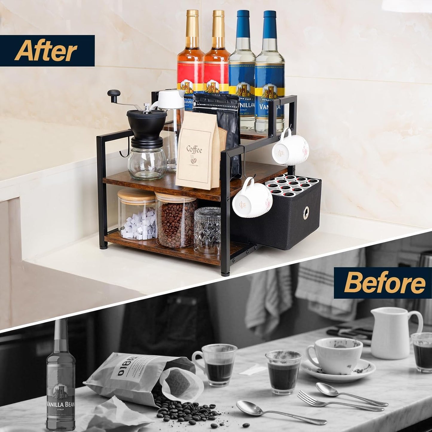 3-Tier Coffee Syrup Organizer (12 Bottles Capacity), Stepped Design Syrup Rack with Fabric Drawer, Liquor Bottle Display Shelf, Bottle Holder for Liquor, Coffee, Spice, Syrup