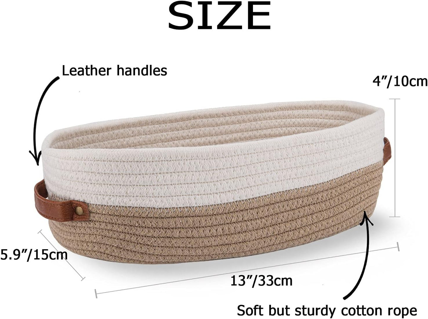 2 Pack Cotton Rope Bathroom Decor Basket,Toilet Paper Holder Basket,Farmhouse Home Decor Organizing Baskets 13"x5.9"x4" Brown Stitching White