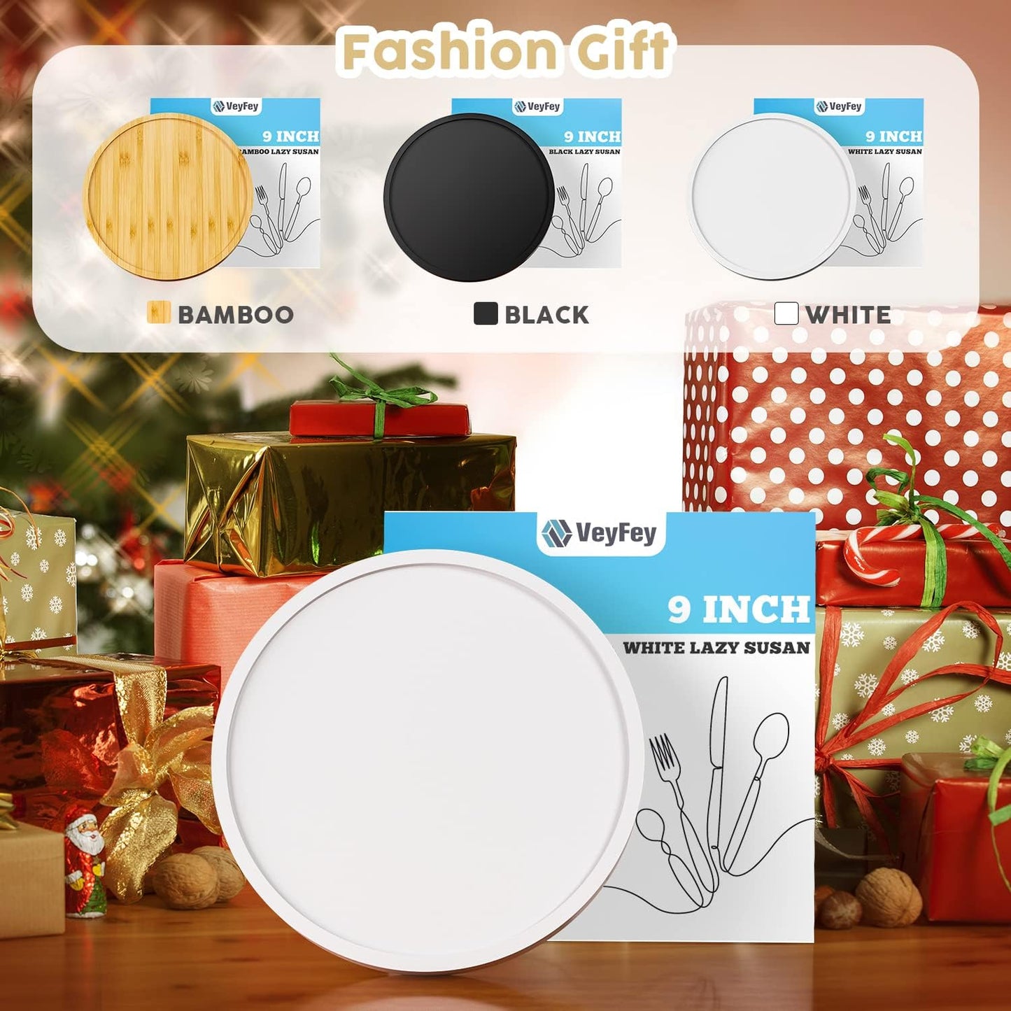 Turntable Vanity Tray 9 Inch for Perfume Candle, Bamboo Kitchen Sink Countertop Organizer for Keep Glass, Sponge and Soap Bathroom Countertop Organizer White