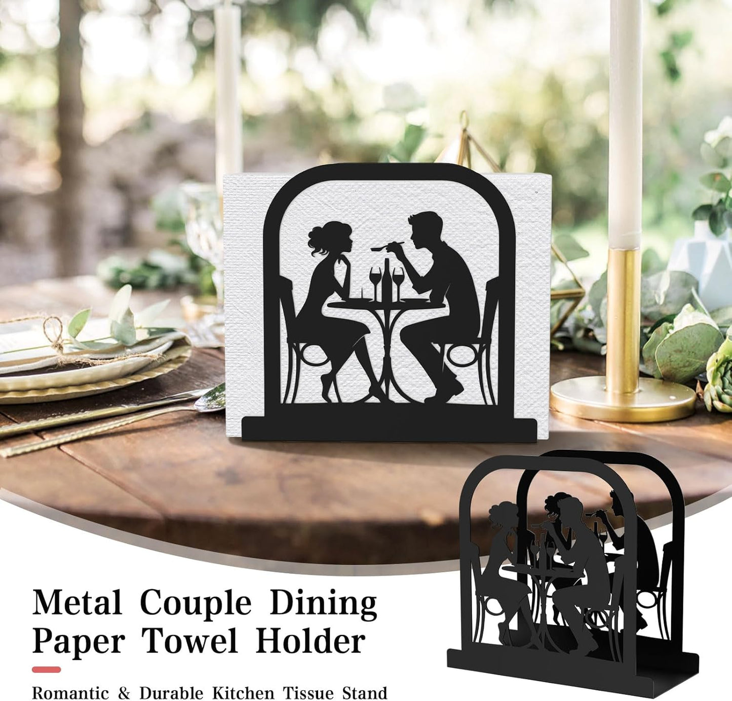 Modern Standing Napkin Holder for table, Black Metal Napkin Dispenser, Romantic Couple Meal Theme Style Napkin Holder, Suitable for Kitchen, Coffee Shop, Dining Room
