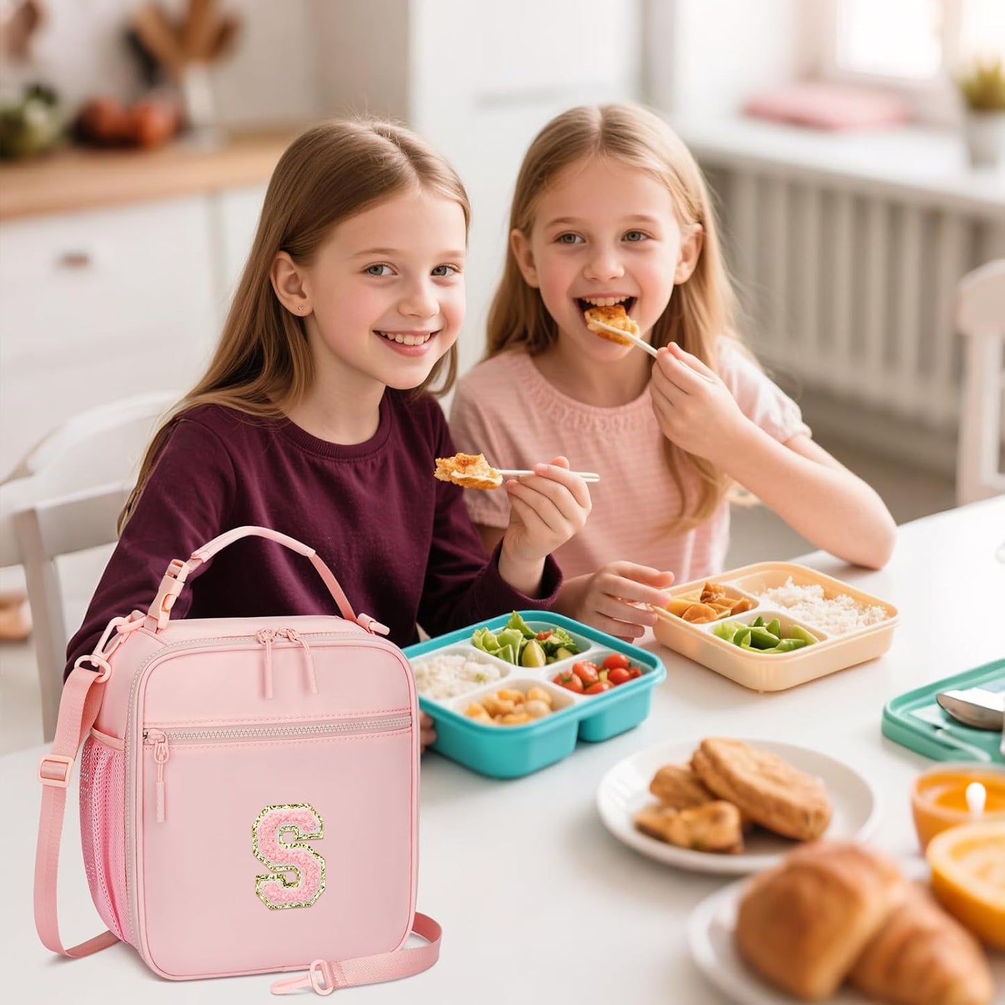 Initial Insulated Lunch Bag for Girls Kids, Back to School Gift, Reusable Leak-proof Lunch Box with Adjustable Strap for School Daycare Travel Picnic (Pink,S)