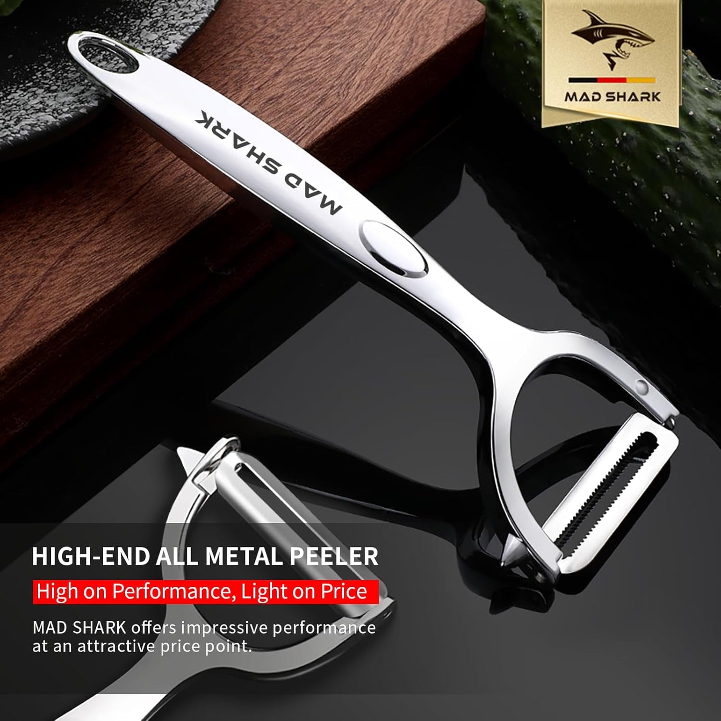 MAD SHARK Ultra Sharp Vegetable Peelers for Kitchen Fruit Apple Potato Peelers,Design with Ergonomic Non-Slip Handle, Y-Shaped Stainless Steel Serrated（Flat&Serrated Blade 2pc）