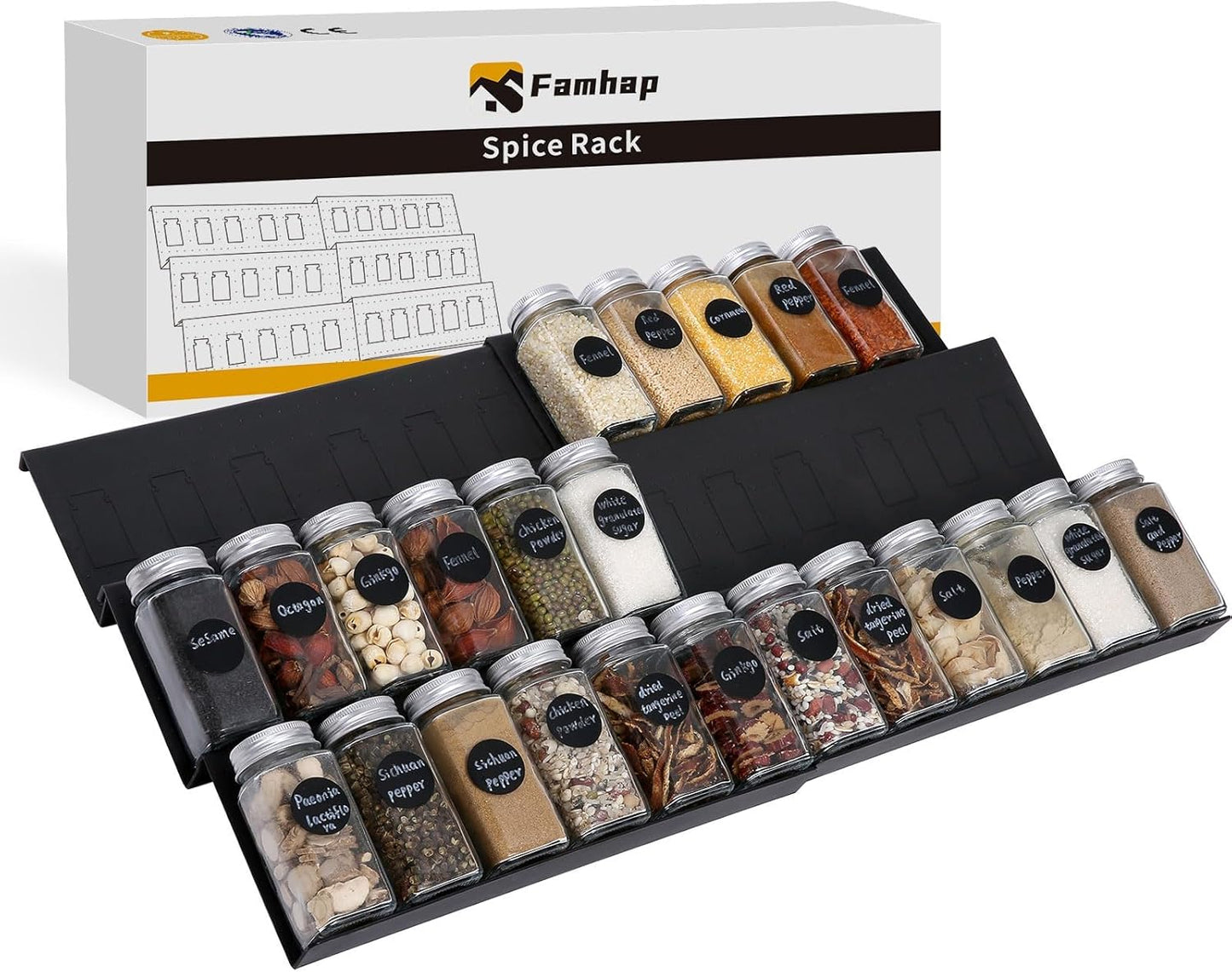 Famhap Spice Drawer Organizer, 6 Pack Drawer Seasoning Organizer Expandable from 11.6" to 23.2" Seasoning Rack Tray Insert for Kitchen Drawers, Spice Rack Tray for Drawer/Countertop (Black)