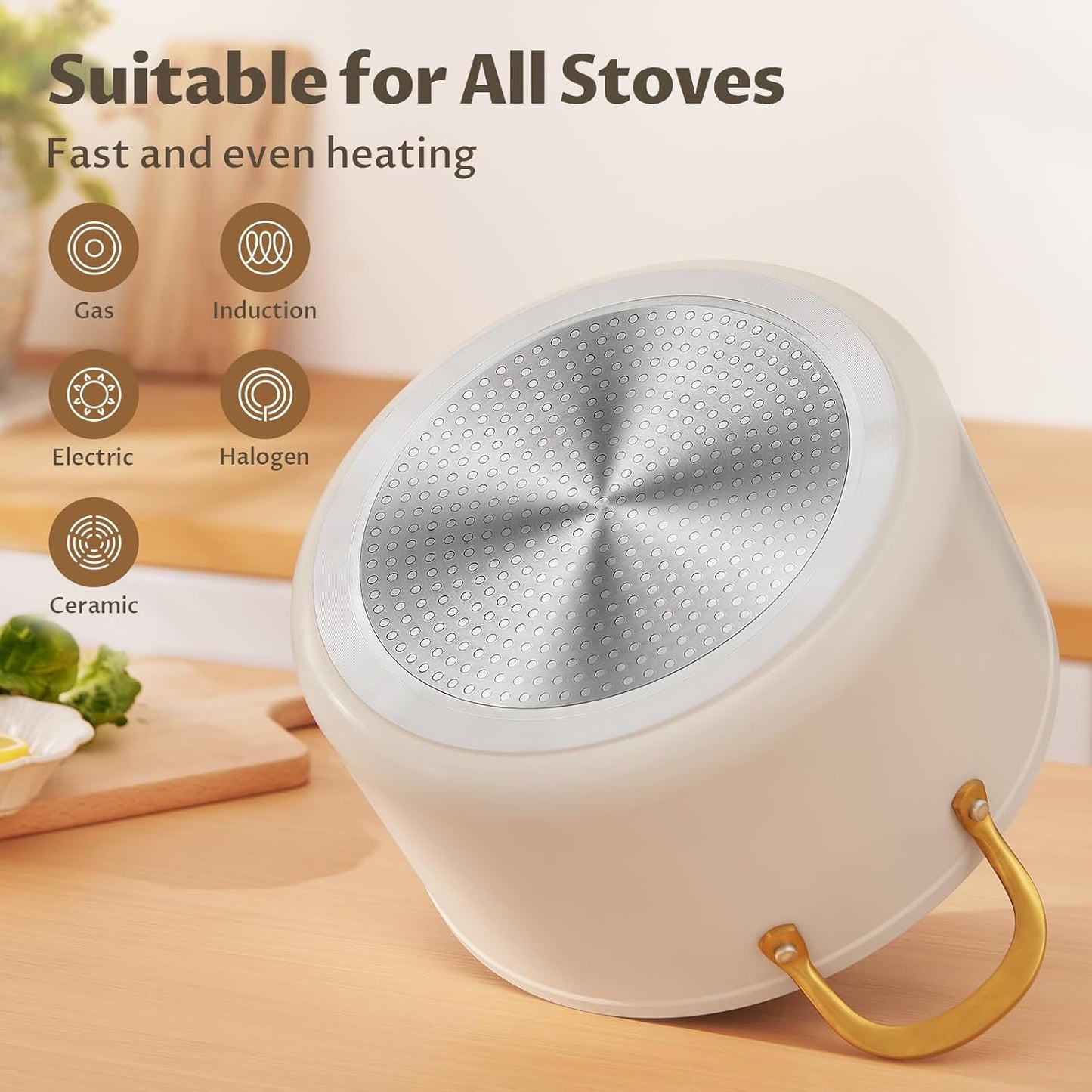 BEZIA 10 Quart Cooking Pot with Ceramic Coating, Non-Stick Stock Pot with Tempered Glass Lid, Large Soup Pot with Stainless Steel Handle, Induction Compatible Stockpot, Dishwasher Safe, Cream