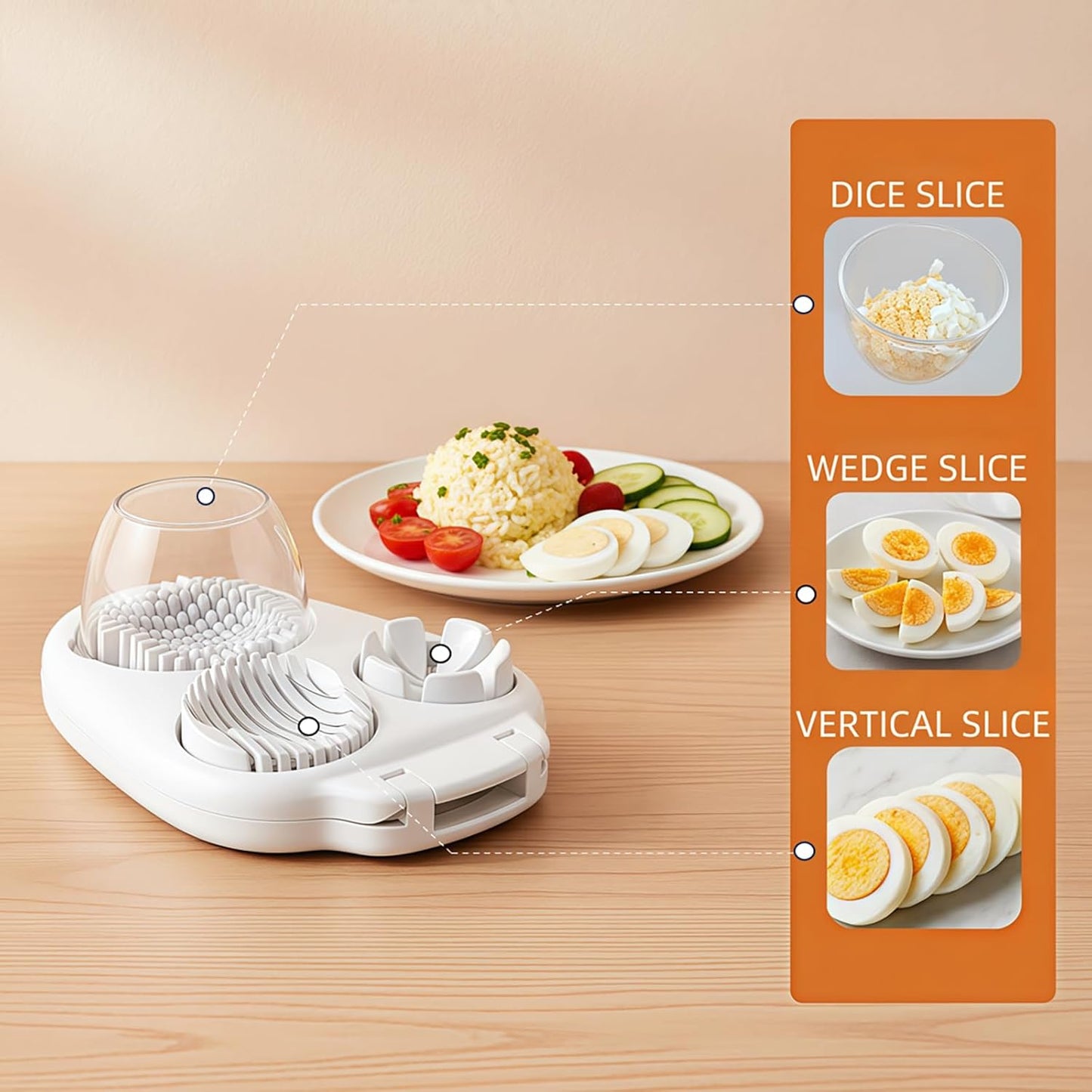 3 in 1 Egg Slicer Dicer & Cuber for Hard Boiled Eggs - Heavy Duty Stainless Steel, 3 Slice Modes Kitchen Gadget for Strawberry, Grape, Cherry Tomato - Easy to Clean, Dishwasher Safe (White)