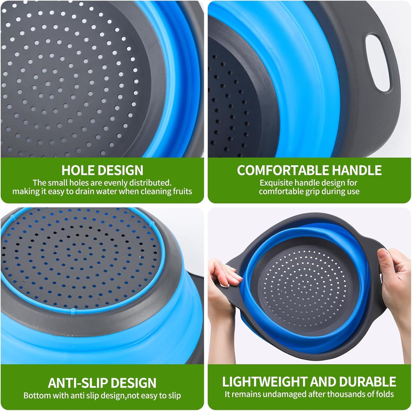 Tri-Color Silicone Collapsible Colander Set (3Pcs 2/4/6 QT) - Space Saving Foldable Strainers with Non-Slip Base for Pasta, Veggies & Camping, Dishwasher Safe Instant Fold Kitchen Gadget