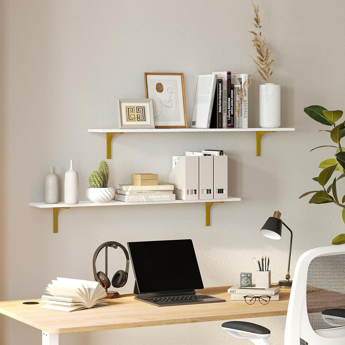 DINZI LVJ Long Wall Shelves, 39.4" Wall Mounted Shelves Set of 4, Large Floating Shelves for Wall with Metal Brackets, for Living Room, Bathroom, Bedroom, Kitchen, White and Gold