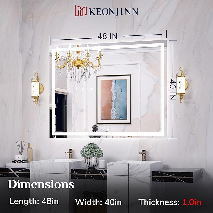 Keonjinn 48 x 40 Inch LED Bathroom Mirror 90+(Horizontal or