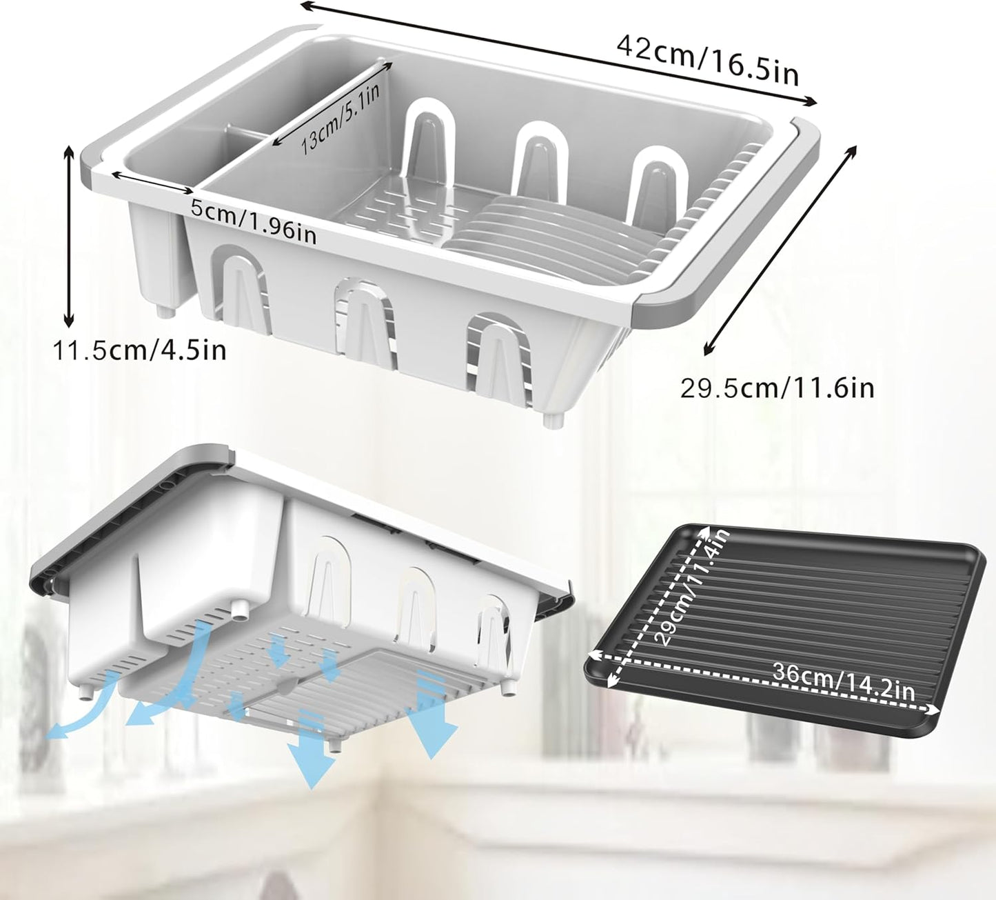 Dish drying rack expandable over the sink, in the sink and for cabinet and kitchen counter; Dish drainer rust proof, Large kitchen organizer with drainboard, two cutlery holders and 6 cup holders.