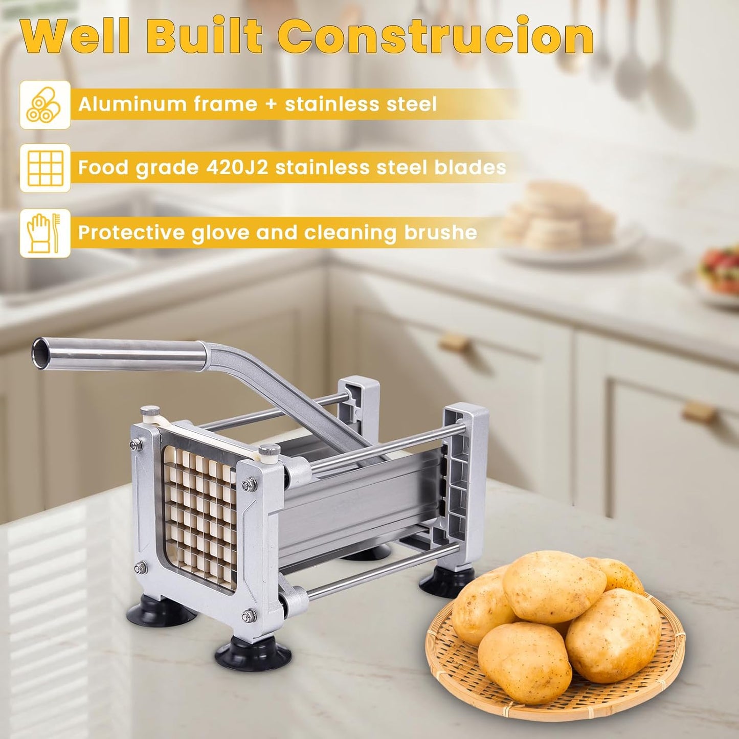 Heavy Duty French Fry Cutter with 3 Stainless Steel Blades (1/4" 3/8" 1/2") - Manual Metal Potato Slicer for Vegetable, Sweet Potatoes, Onions