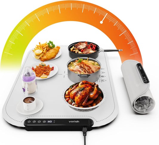 Warming Mat for Food, Voriah Electric Warming Tray with 99H Timer & 8 Temperature Settings, Foldable Food Warmer with °C/°F Switch, Keeps Food Warm at Buffets, Sabbath, Family Gatherings(White)