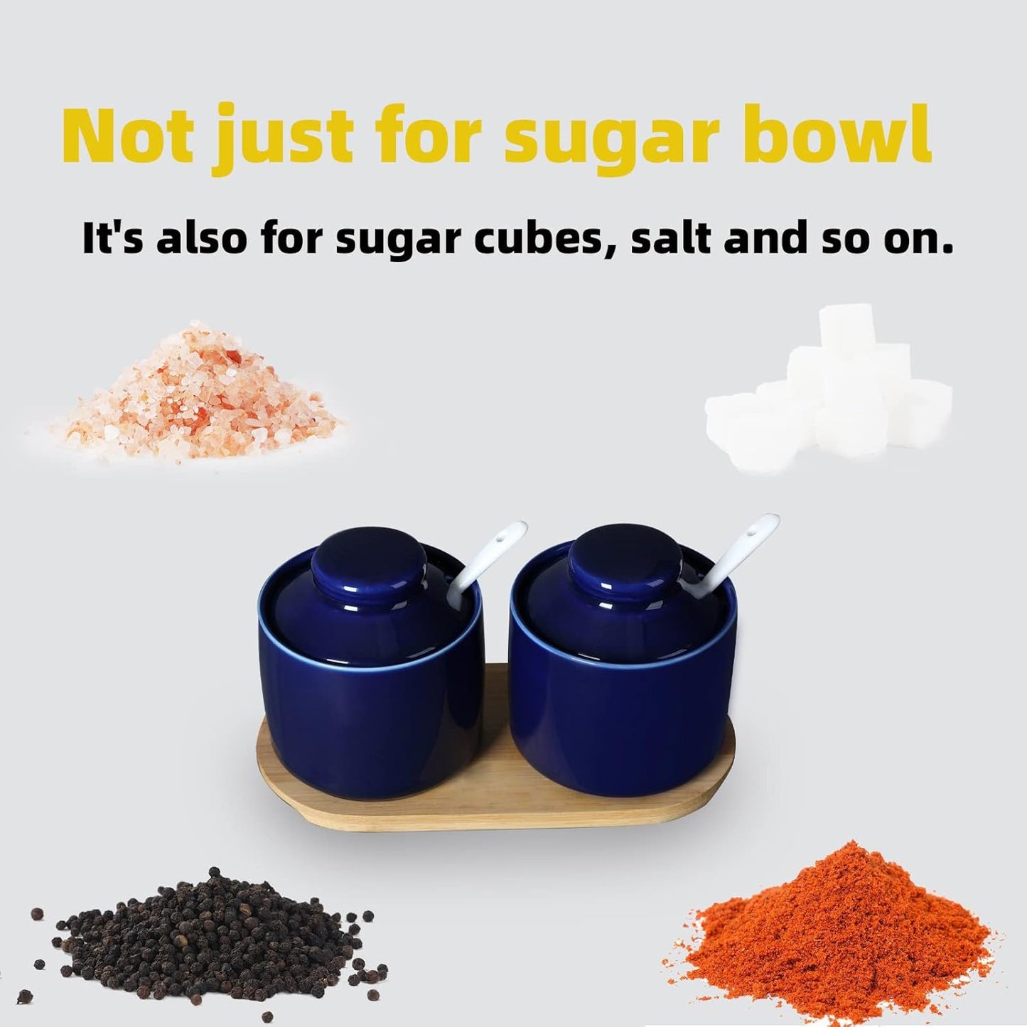ONTUBE Ceramic Sugar Bowl with Lid and Spoon Set of 2,Porcelain Seasoning Box Salt Bowl with Tray,8oz (Navy)