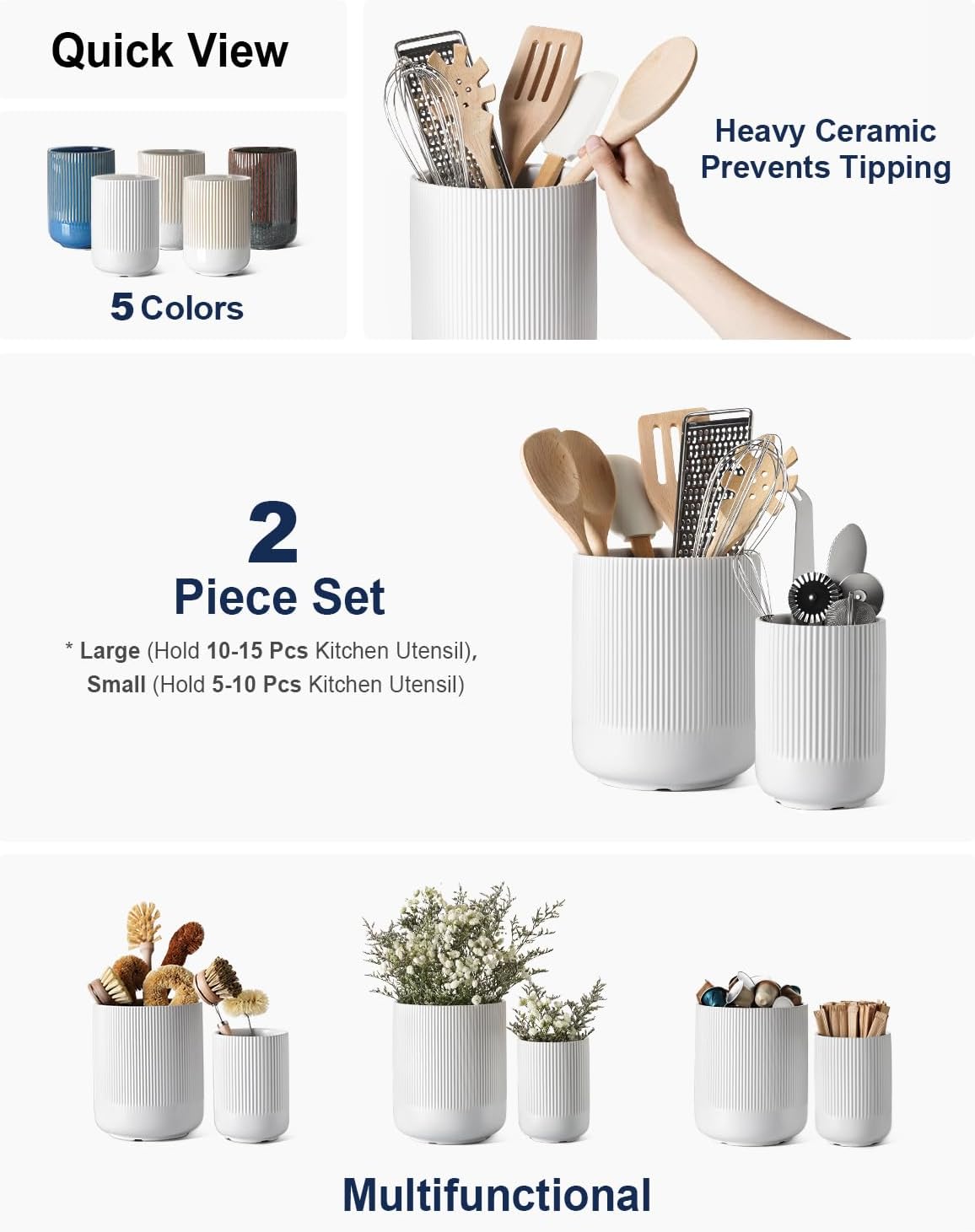 LE TAUCI Utensil Holder, 7.3"+5.4" Ceramic Kitchen Utensil Holder for Countertop, Large Cooking Utensil Crocks for Kitchen Counter Decor, Morden Utensil Organizer for Spatula, Set of 2, White