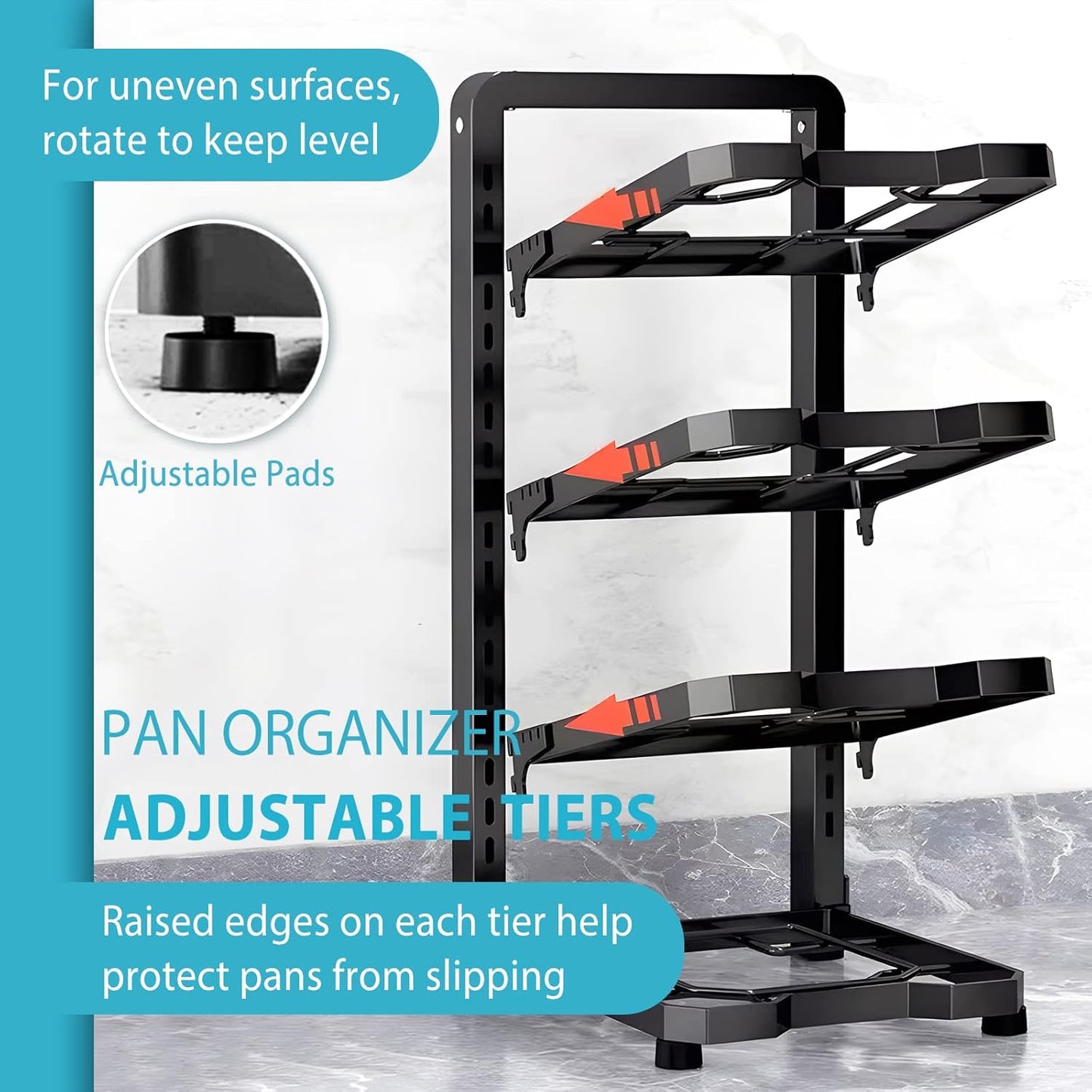 Pot and Pan Organizer Rack for under Cabinet, Heavy Duty Pot Pan Rack under Sink Organizers and Storage, Pot lid organizer, Kitchen Cabinet Organizer with 4 Adjustable Tiers