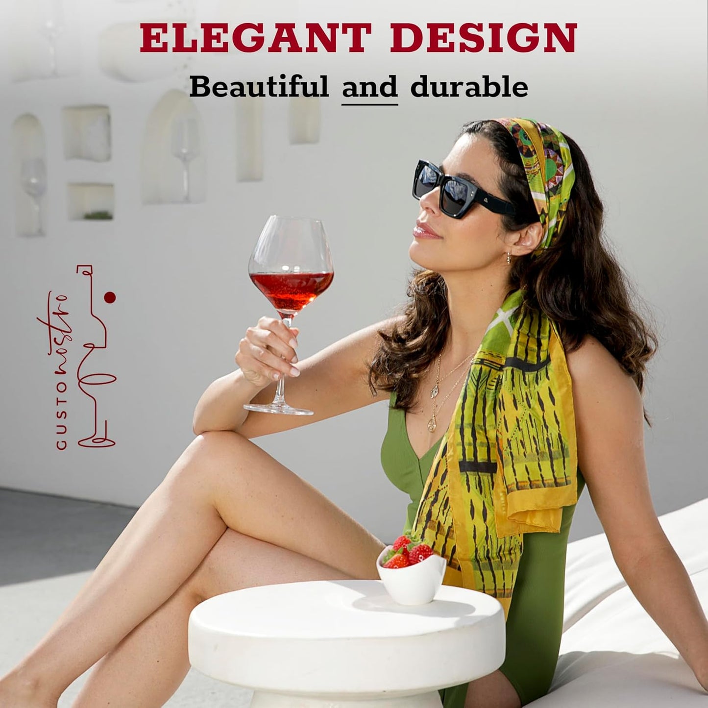 Gusto Nostro Crystal Wine Glasses Set of 2, 22 Oz Long Stem Modern Wine Glasses for White and Red Wine, Dishwasher Safe, Fancy, Elegant, Large and Tall Wine Glass for Wedding Christmas Anniversary