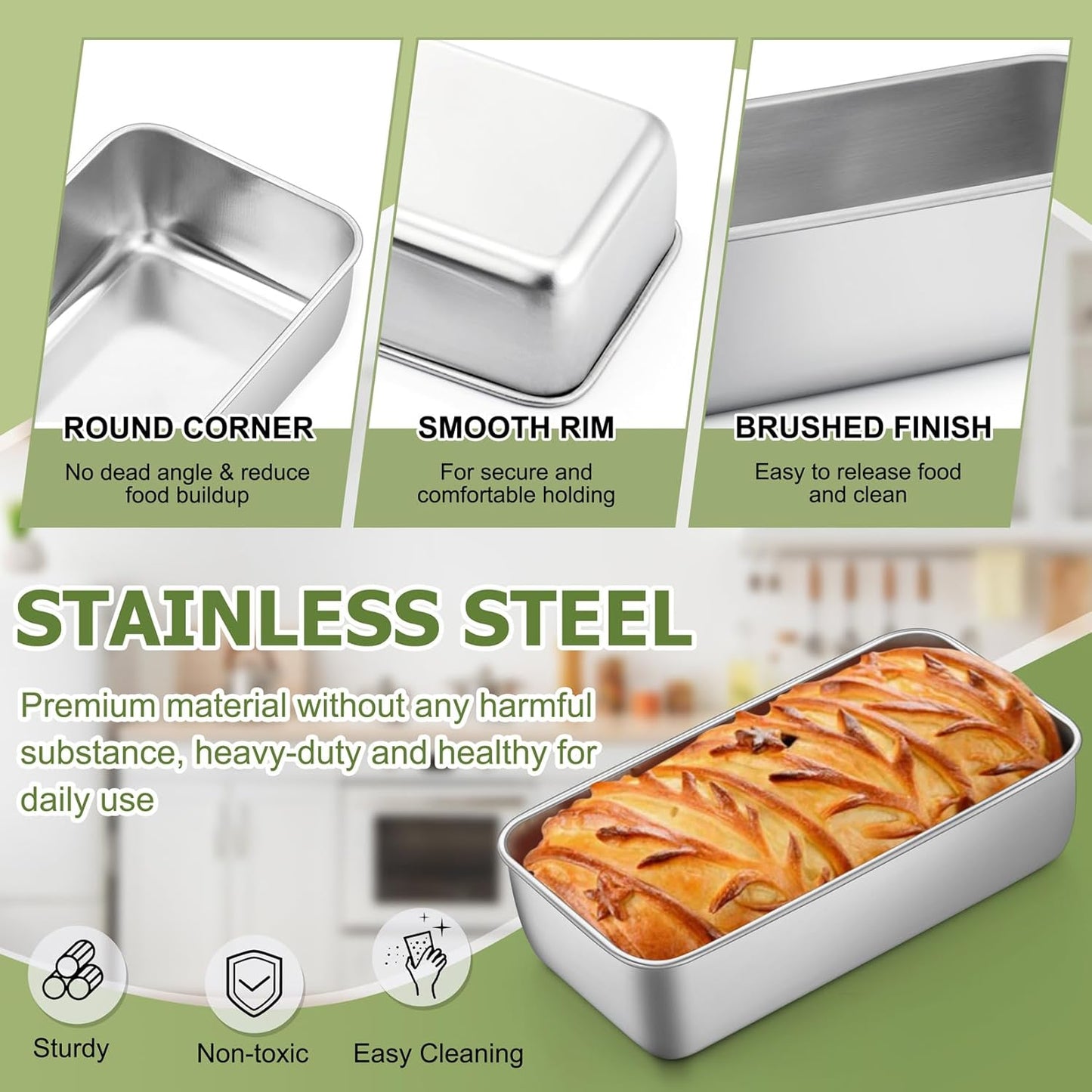 P&P CHEF Loaf Pan Set, 9 x 5 Inch Bread Pans, Stainless Steel Loaf Toast Baking Pans For Bread Meatloaf Lasagna Cake, Healthy & Non Toxic, Oven & Dishwasher Safe,(Silver, 3Pcs)