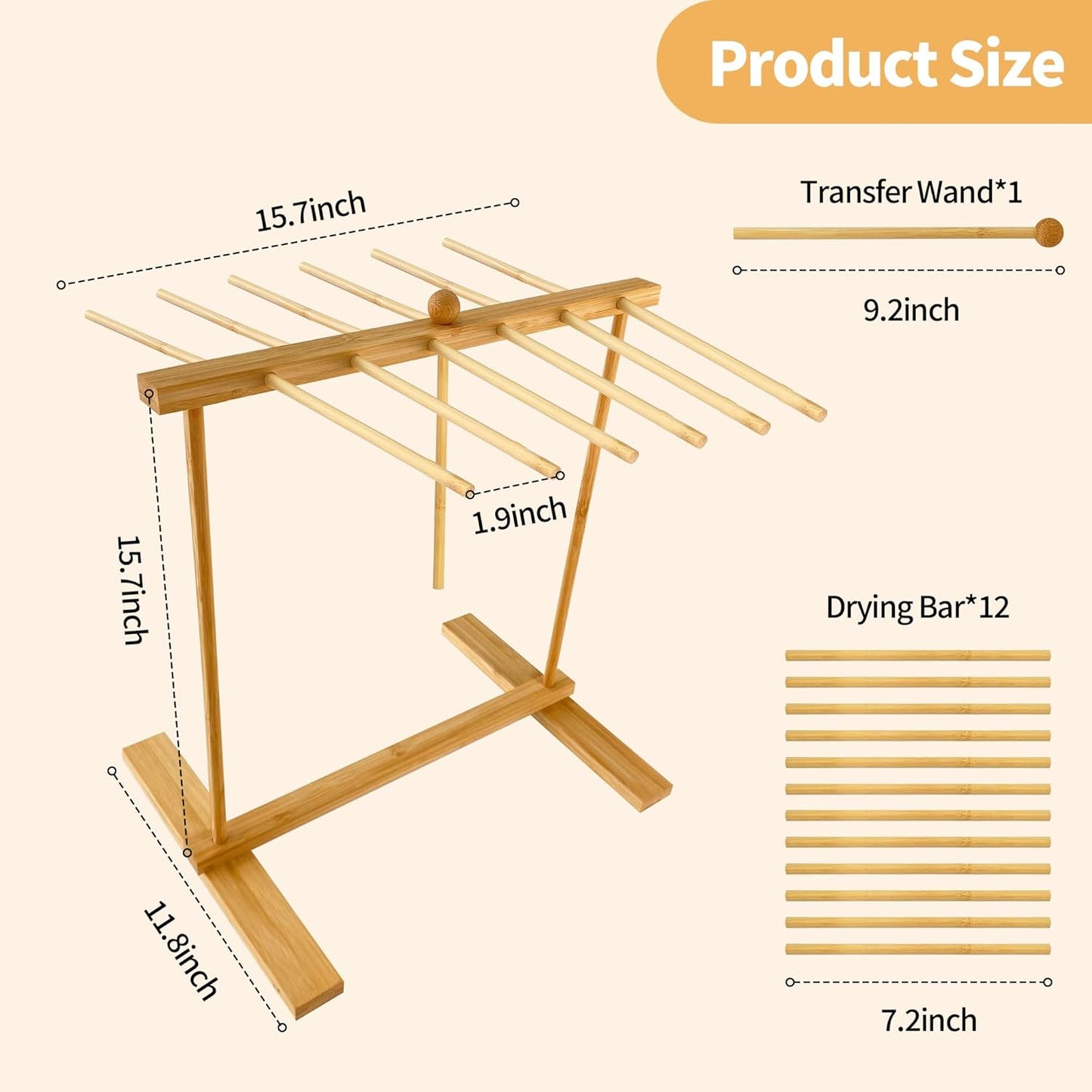 Bamboo-Pasta-Drying-Rack With Transfer Wand & 12 Arms, Large Tall Collapsible Fresh Pasta Dryer Holder For Homemade Noodle, Spaghetti, Tagliatelle, Detachable Fettuccine Hanger Stand With 12 Bars