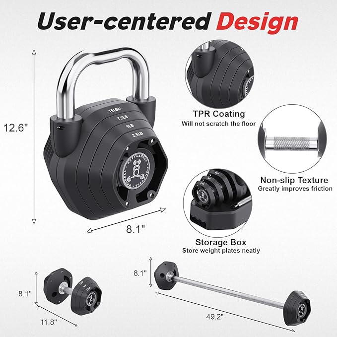 Tepemccu 4-in-1 Adjustable Kettlebell, 5.88-45lbs Kettlebells Weight Set, Free Weight Kettlebell Used as Dumbbell, Barbell for Home Gym Full Body Workout