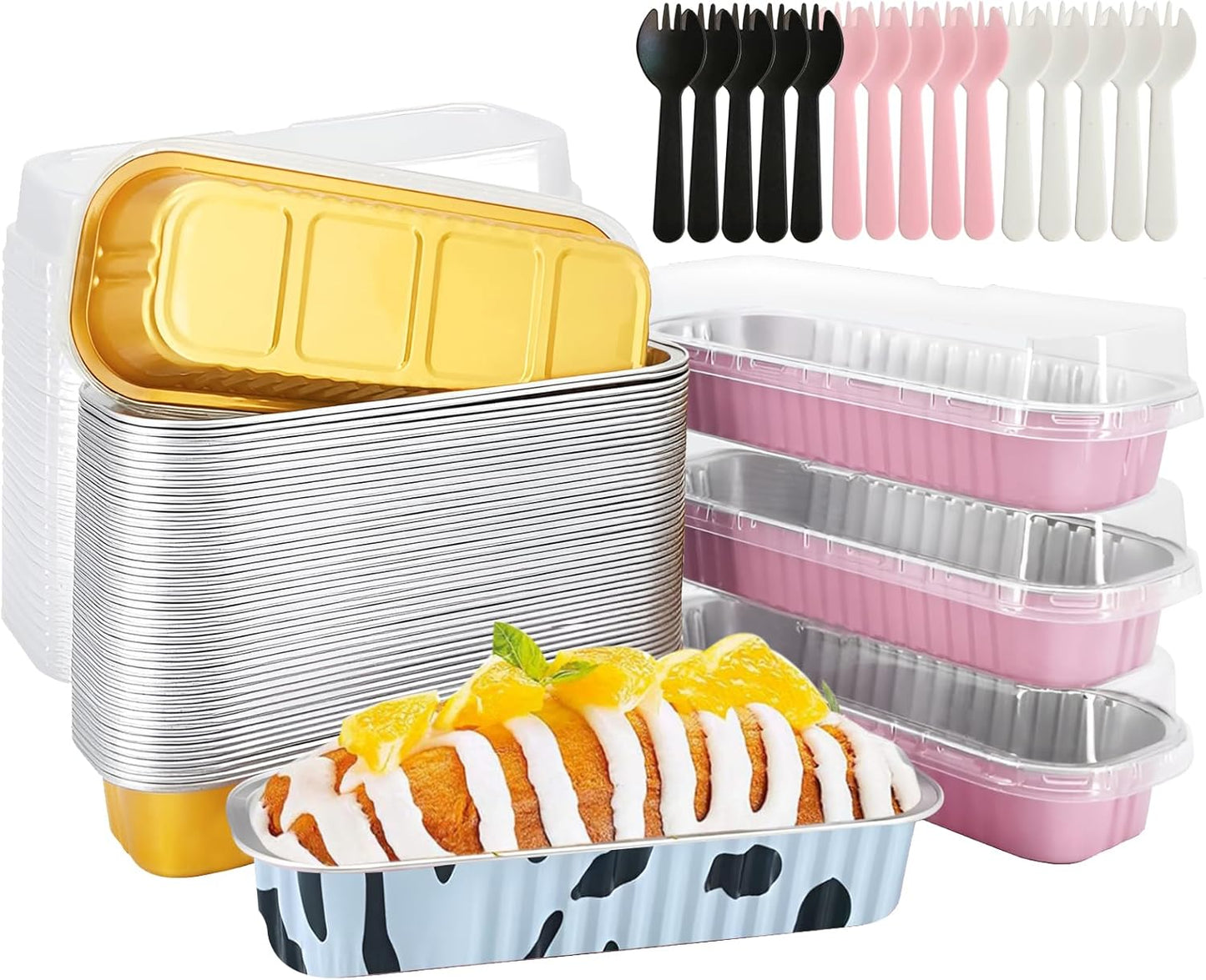 25 PCS Multiple colors Mini Loaf Pans with Lids and Spoons, 6.8oz Mini Cake Pans for Baking, Disposable Aluminum Foil Loaf Pans, Loaf Baking Pans for Party Individual Serving.