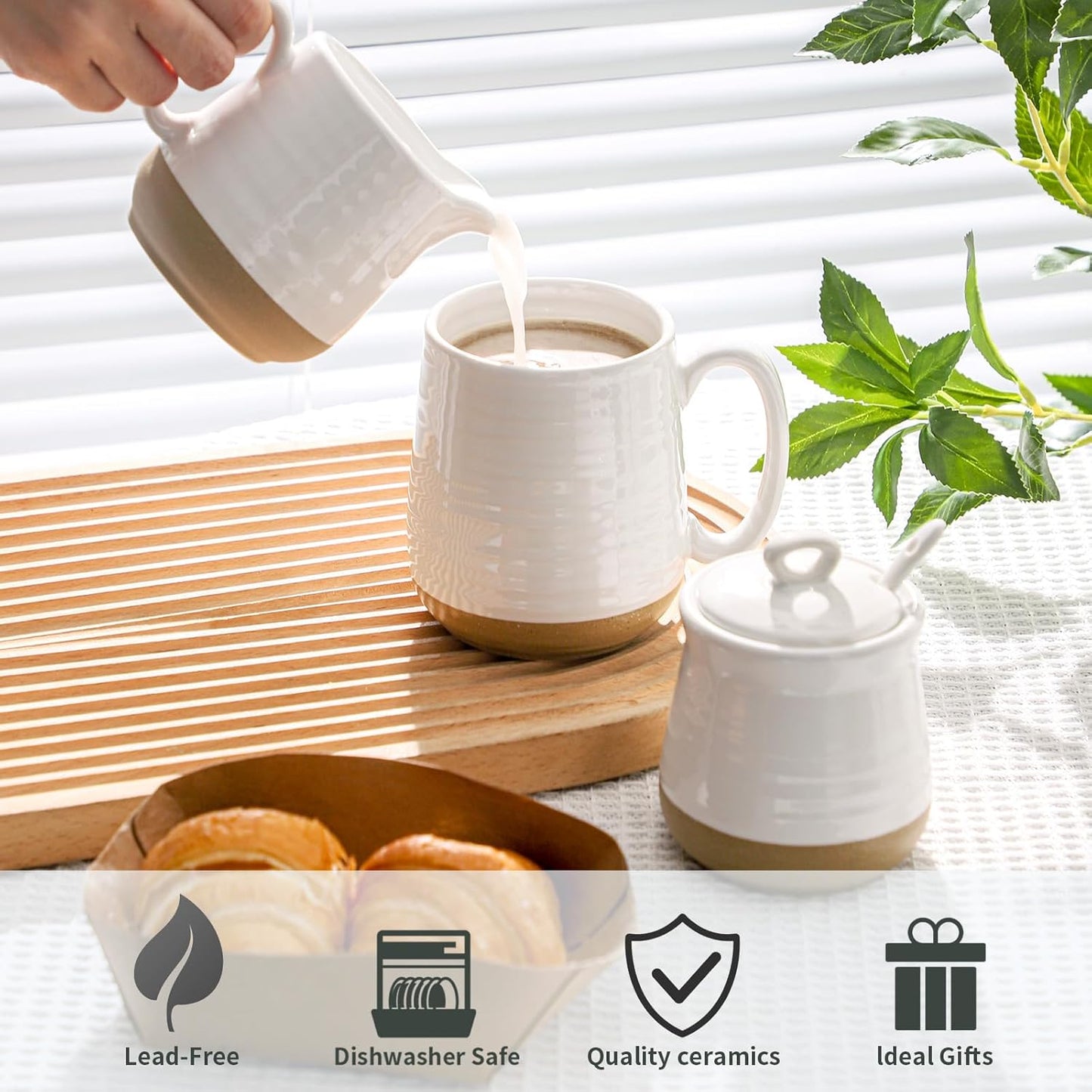 Hasense Ceramic Sugar and Creamer Set, 3 Piece Coffee Serving Set with Cream Pitcher, Sugar Bowl, Lid & Spoon, 10 Ounce Sugar and Creamer Set for Coffee Bar, Perfect for Wedding Gift (White)