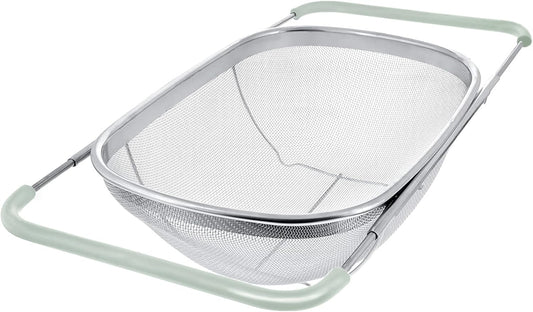 Over The Sink Colander, 6 Quarts Stainless Steel Oval Colander with Expandable Rubber Grip Handle, Fine Mesh Strainer Baskets Kitchen Colanders for Strain, Drain, Rinse Vegetables, Mint Green