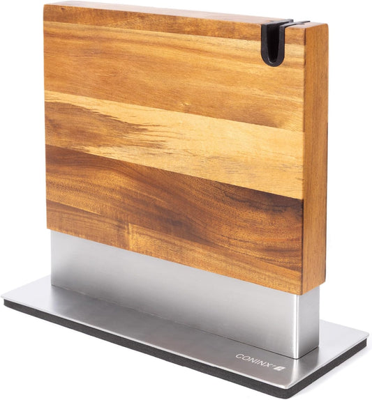 Coninx Magnetic Knife Block with Integrated Sharpener - Double Sided Walnut Wood Knife Holder - Universal Knife Stand with Non-Slip Base for Kitchen Countertop