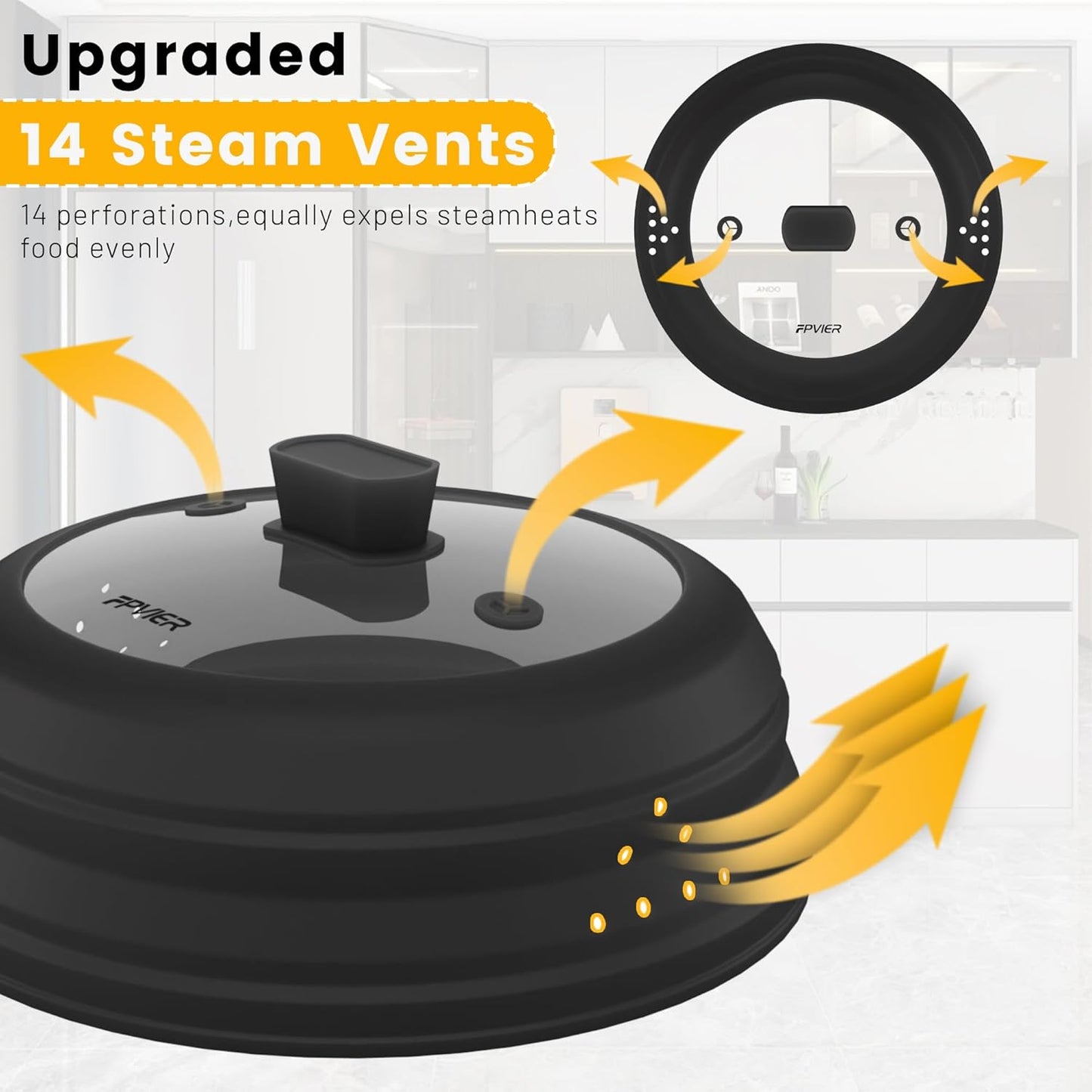 Microwave Splatter Cover, Collapsible Silicone Microwave Plate Cover with Glass for Food, Splatter Guard Lid 10.8 inch Black