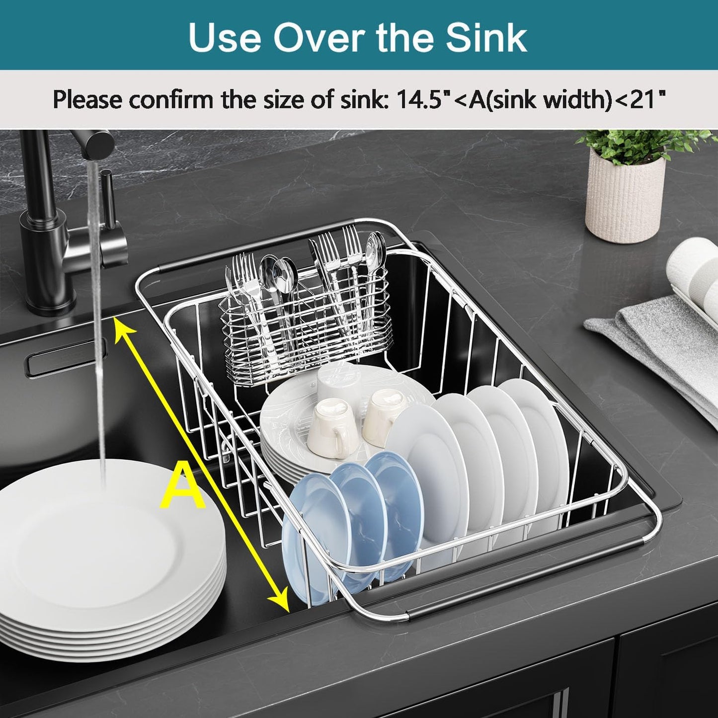 Small Dish Drainer Rack in Sink Adjustable, Expandable 304 Stainless Steel Metal Dish Drying Rack Organizer with Stainless Steel Utensil Holder Over Inside Sink Counter, Rustproof(For 1-2 People)