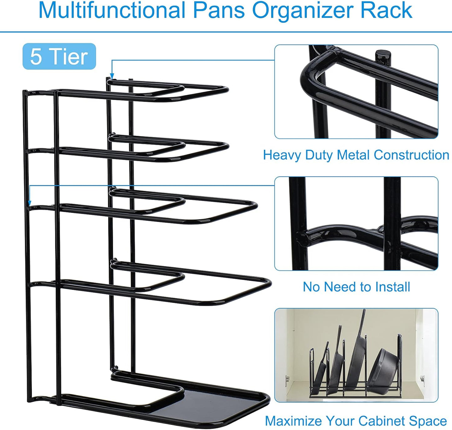 Toplife Heavy Duty Pan Organizer, 5 Tier Pot and Pan Organizer Rack for Cast Iron Skillets, Griddles and Pots - Sturdy Steel Construction- No Assembly Required - Black