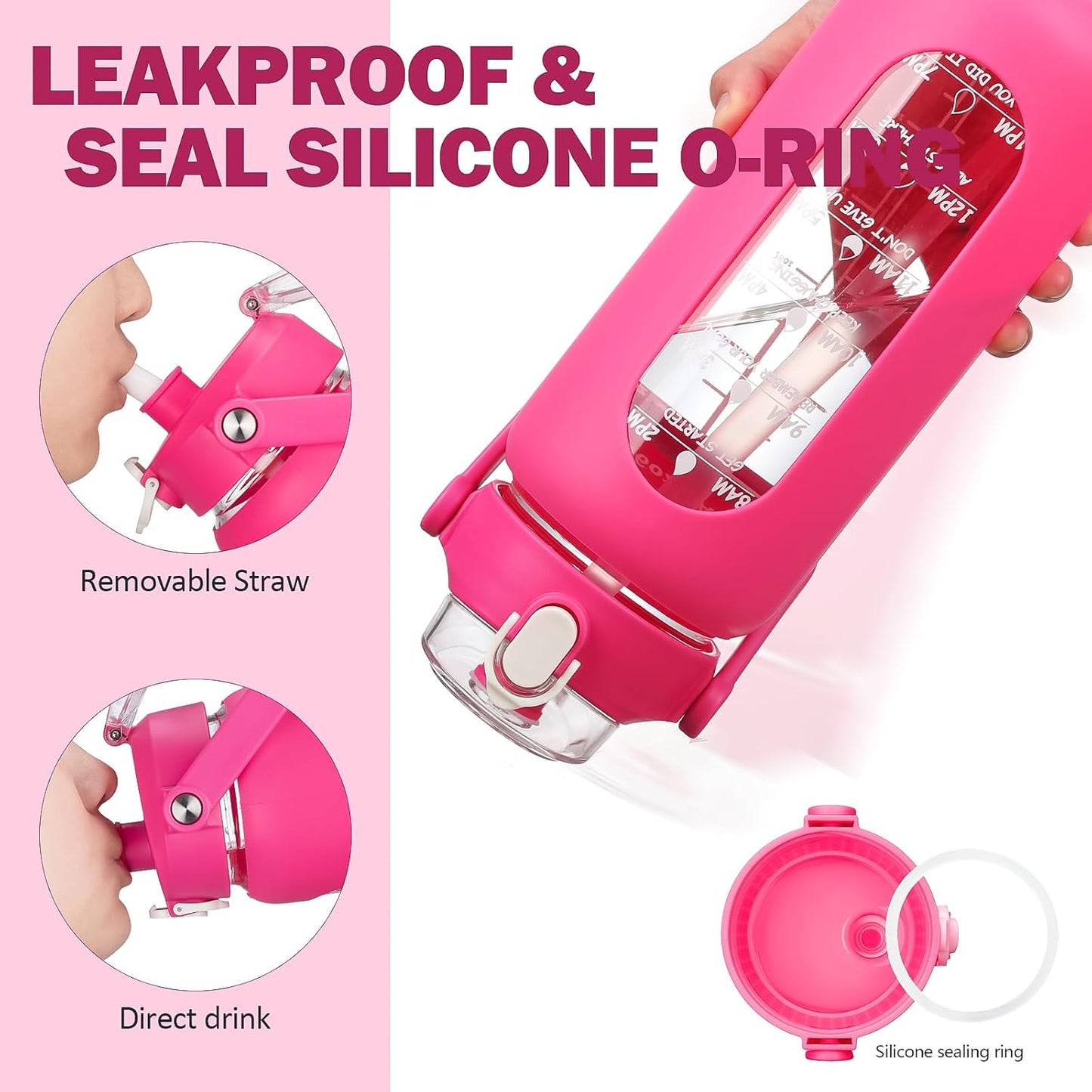 kytffu 56oz Glass Water Bottles with Straw, Motivational Glass Bottle with Silicone Sleeve and Time Marker, Leakproof Large Glass Water Jug for Gym Home Office,Rose red