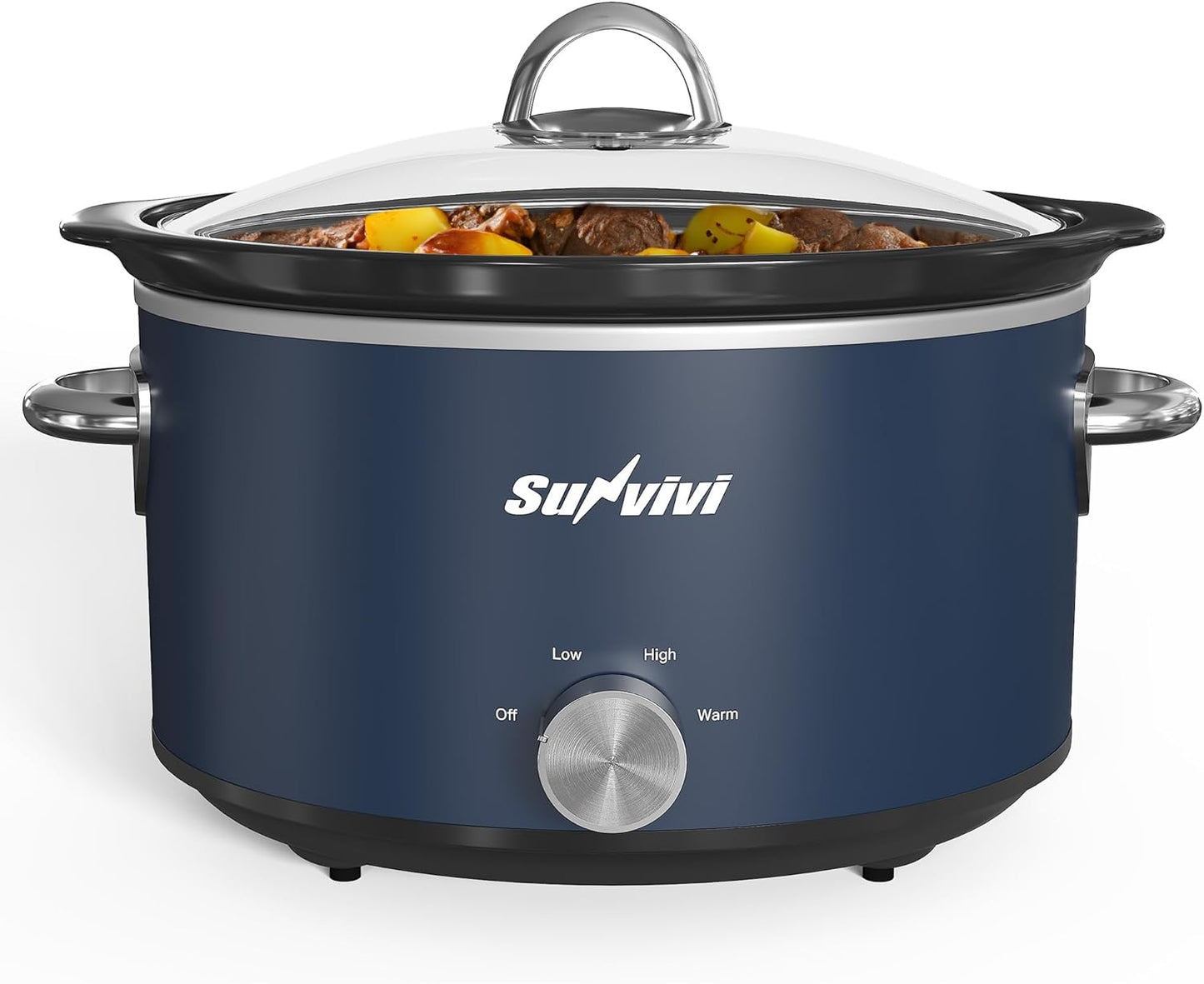 Sunvivi 4 Quart Slow Cooker & Mini Food Warmer with 3 Heating Settings, Removable Ceramic Pot, Dishwasher Safe Glass Lid, Stainless Steel, Blue