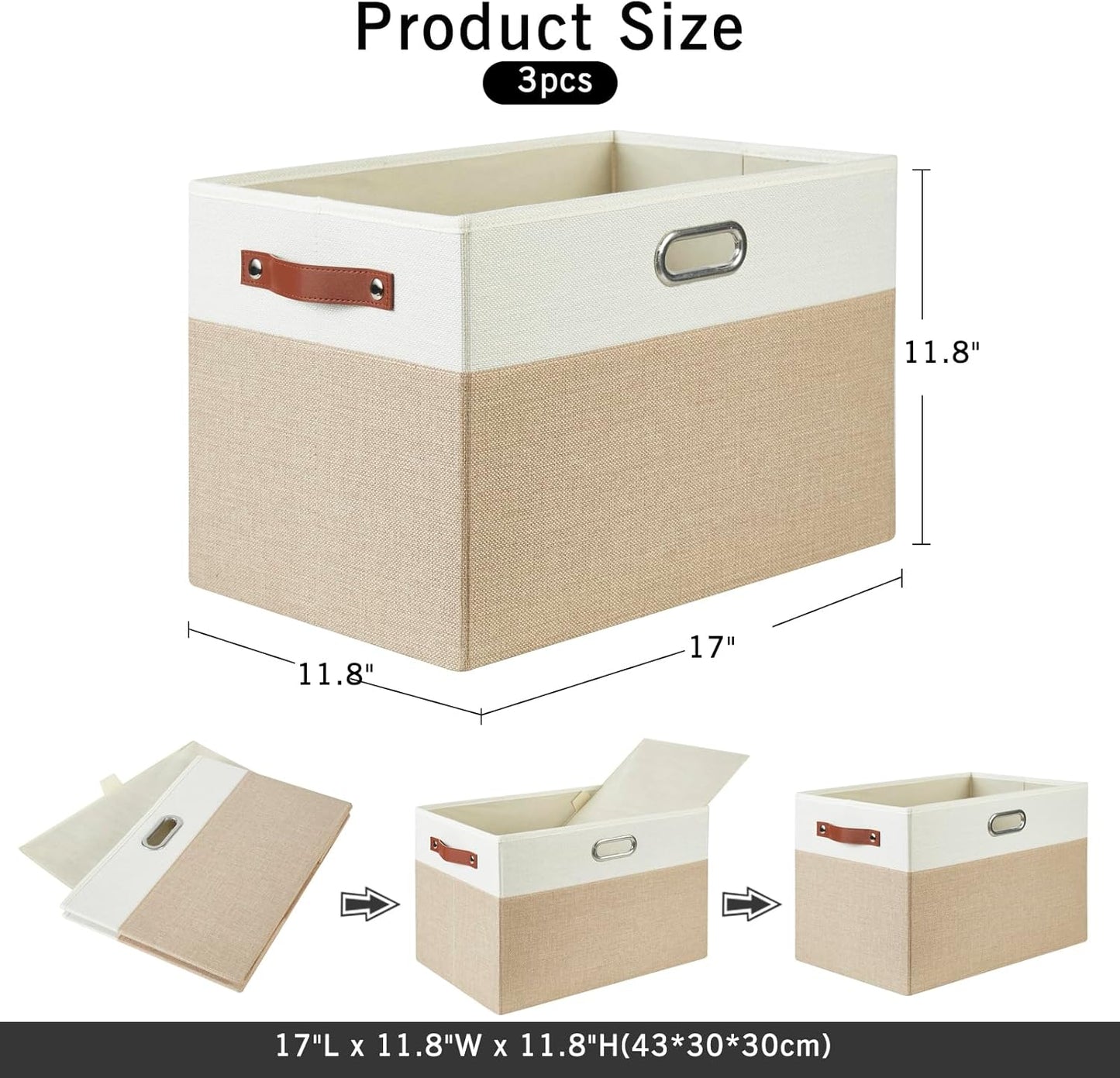 Large Collapsible Fabric Storage Bins with 3 Handles, Foldable Organizer Baskets for Closet, Shelves, Living Room | 3 Pack, Durable PU & Metal Handles (17"x11.8"x11.8", Beige & White)