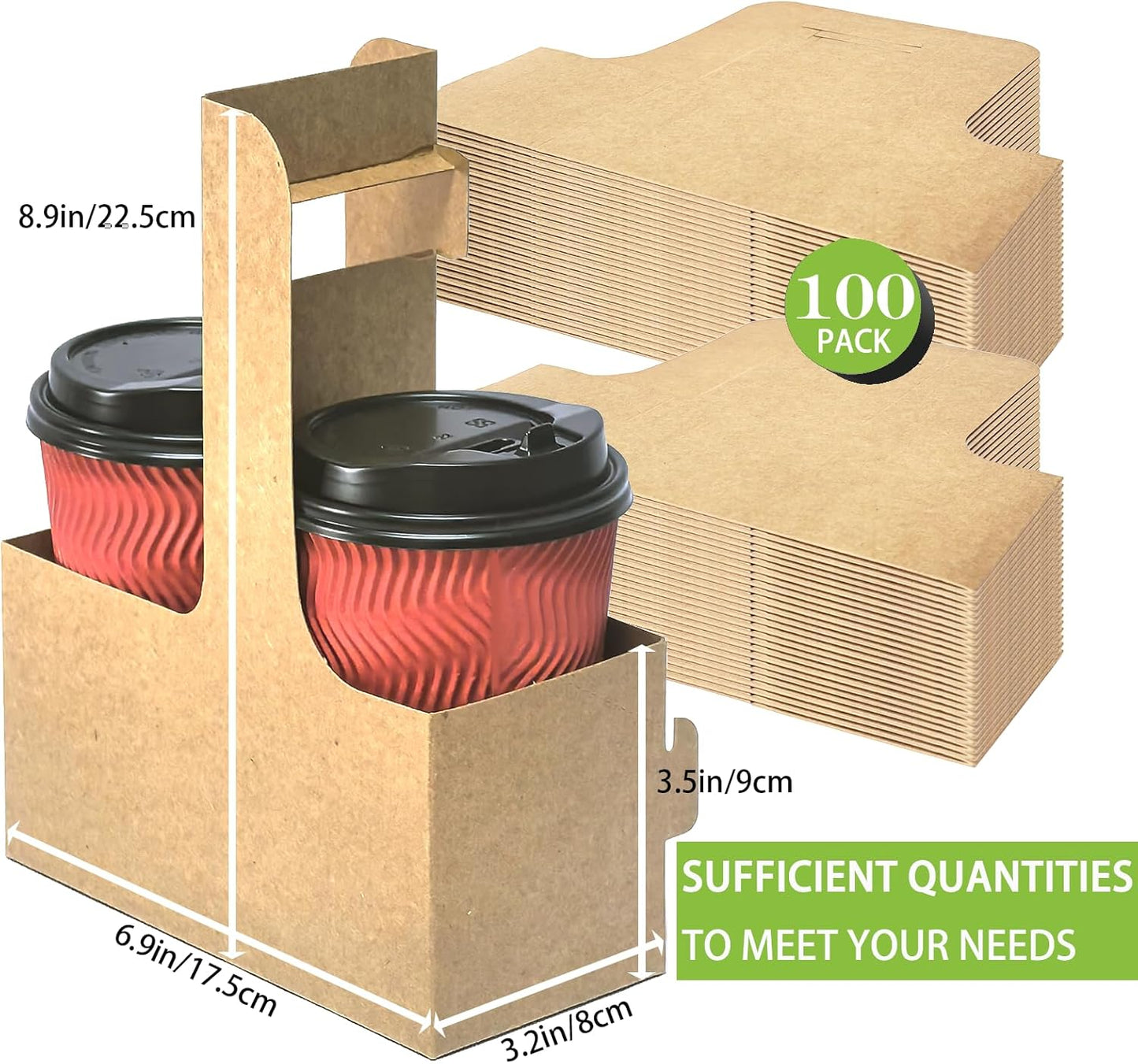 Disposable Drink Carrier with Handle, 2 Cup Kraft Paper to Go Coffee Cup Holder for Food Delivery Service Hot or Cold Drinks (100Pcs Kraft)