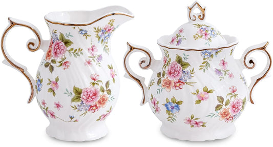 Sugar and Creamer Set Ceramic, Creamer Pitcher and Sugar Bowl with Lid, Creamer Pitcher with Handle,Sugar Cube Dish Coffee or Tea (White with small flowers)